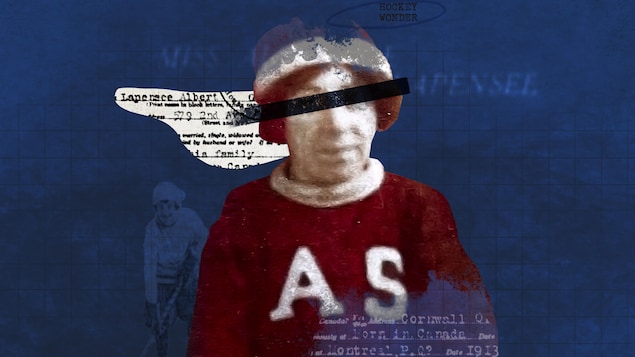 Montage de type collage de divers découpures de journaux, ainsi que d'un portrait d'une hockeyeuse dont le visage est en parti camouflé.