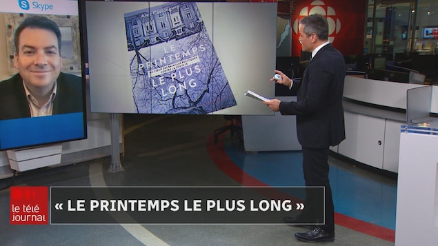 L'animateur Bruno Savard en entrevue avec Alec Castonguay sur Skype pendant le Téléjournal Québec.