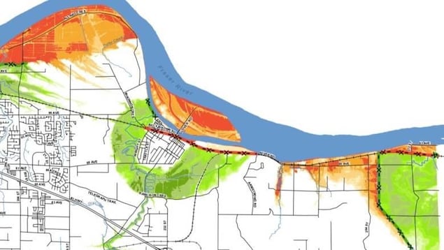 On voit un plan de Langley où les zones à risque sont coloriées en orange. On voit un plan de Langley où les zones à risque sont coloriées en orange.