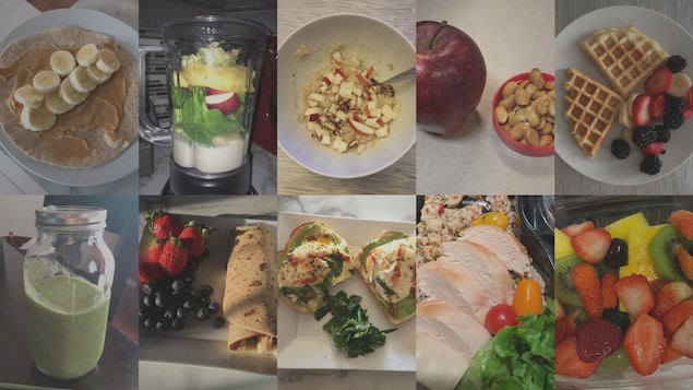 Une mosaïque de huit image d'aliments dans des assiettes. Une mosaïque de huit image d'aliments dans des assiettes.