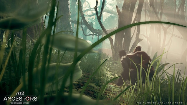 Une capture d'écran du jeu Ancestors: The Humankind Odyssey montrant un humain préhistorique ressemblant à un gorille transportant un enfant préhistorique sur son dos à travers une jungle luxuriante. Une capture d'écran du jeu Ancestors: The Humankind Odyssey montrant un humain préhistorique ressemblant à un gorille transportant un enfant préhistorique sur son dos à travers une jungle luxuriante.