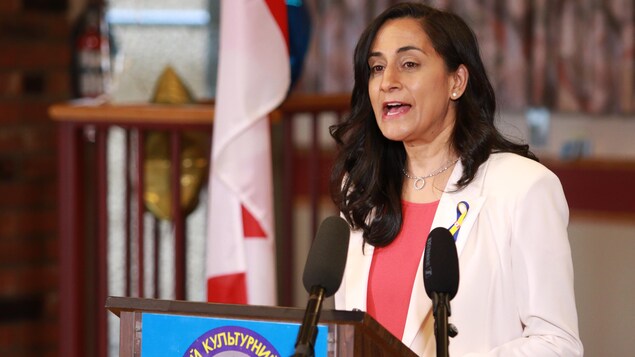 La ministre de la Défense, Anita Anand, debout à un podium près d'un drapeau canadien, le 24 mai 2022.