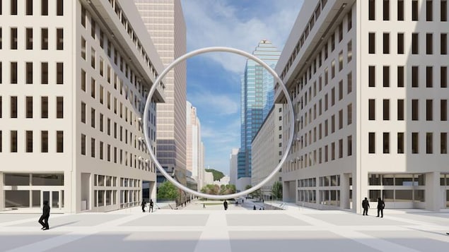 Modélisation d'un anneau géant suspendu entre deux immeubles de la Place Ville-Marie, à Montréal.