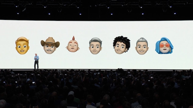 Une capture d'écran de la présentation d'Apple montrant des exemples de personnages memojis. Une capture d'écran de la présentation d'Apple montrant des exemples de personnages memojis.