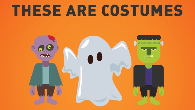 Un zombie, un fantôme et un Frankenstein dessinés avec la mention : ceux sont des costumes,  ma culture n'en est pas un.