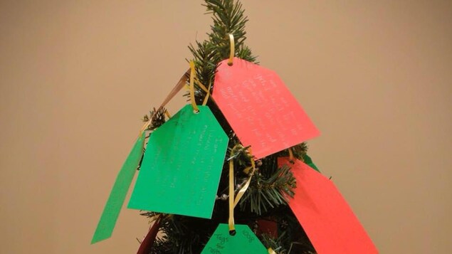 Des étiquettes portant les souhaits d'écoliers winnipégois pour Noël sont attachés à un arbre. Des étiquettes portant les souhaits d'écoliers winnipégois pour Noël sont attachés à un arbre.