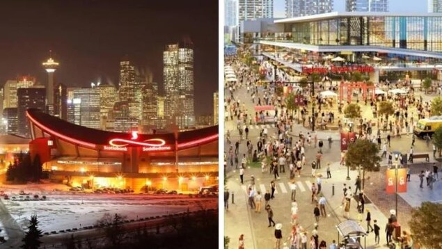 À gauche, le Saddledome la nuit, et à droite, le plan d'un nouvel aréna moderne.