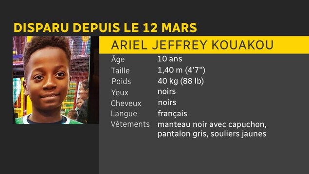 Ariel Kouakou est disparu depuis le 12 février. Il a 10 ans, mesure 1,4 mètre, pèse 40 kilos, a les yeux noirs et les cheveux noirs. Il parle français. Au moment de sa disparition, il portait un manteau noir avec capuchon, un pantalon gris et des souliers jaunes. Ariel Kouakou est disparu depuis le 12 février. Il a 10 ans, mesure 1,4 mètre, pèse 40 kilos, a les yeux noirs et les cheveux noirs. Il parle français. Au moment de sa disparition, il portait un manteau noir avec capuchon, un pantalon gris et des souliers jaunes.