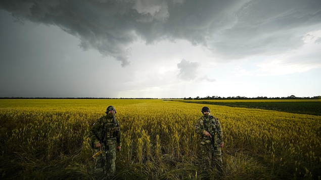 Deux soldats russes dans un champ,  sous un ciel menaçant.