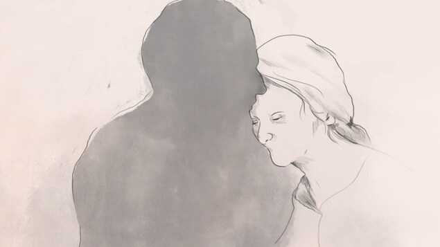 Un dessin d'une femme qui repose sa tête dans le creux du cou d'un homme dont le profil est noirci. Un dessin d'une femme qui repose sa tête dans le creux du cou d'un homme dont le profil est noirci.
