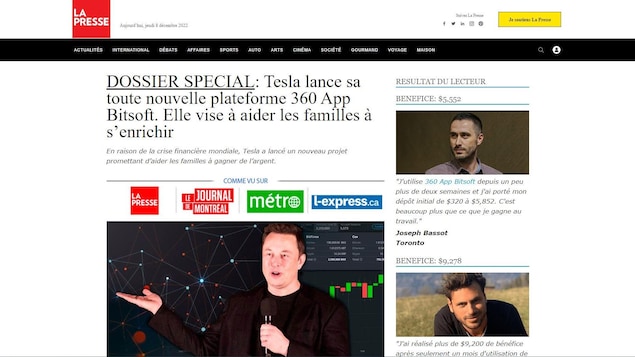 Un faux article aux couleurs de La Presse annonçant que Tesla lance une plateforme de cryptomonnaie.