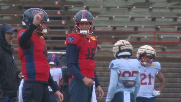 Des joueurs de football se préparent à effectuer un jeu à l'entraînement.