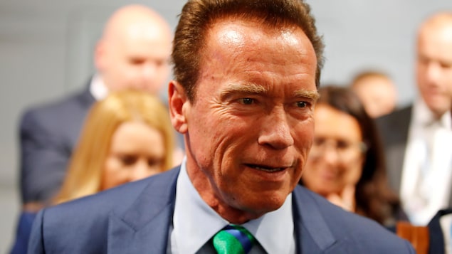 Arnold Schwarzenegger portant un complet bleu et une cravate verte.