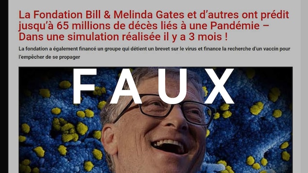 Un article dont le titre est « La Fondation Bill & Melinda Gates et d’autres ont prédit jusqu’à 65 millions de décès liés à une Pandémie – Dans une simulation réalisée il y a 3 mois ! ». Le mot FAUX est sur l’image.