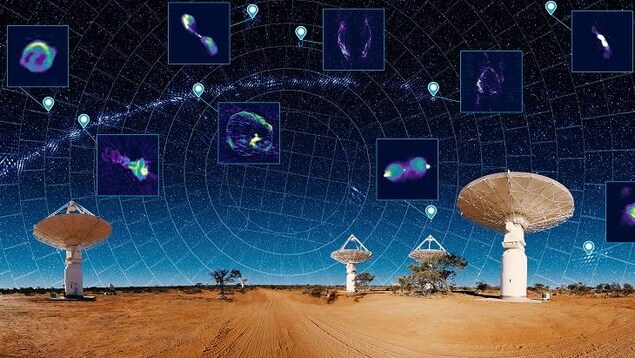 Illustration artistique du radiotélescope ASKAP à la recherche de galaxies.