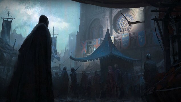 Une peinture d'un homme à contre-jour devant la cathédrale Notre-Dame de Paris