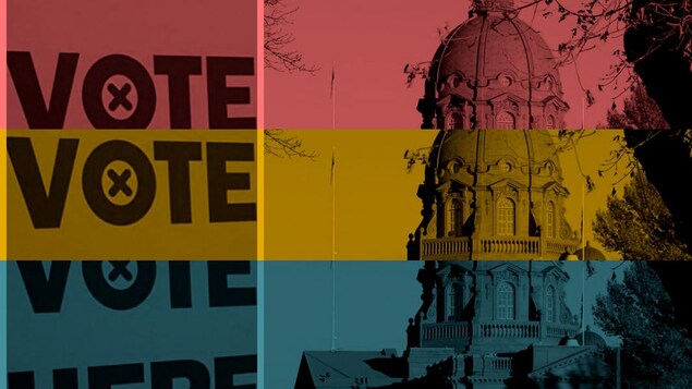 Un montage photo. À droite le bâtiment de l'Assemblée législative de l'Alberta. À gauche, il est inscrit «vote». L'image à trois couleurs: rouge, orange et bleu.
