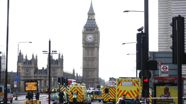 De nombreux policiers et ambulanciers sur la scène de l'attaque sur le pont de Westminster, le 22 mars 2017. De nombreux policiers et ambulanciers sur la scène de l'attaque sur le pont de Westminster, le 22 mars 2017.