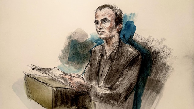 A court drawing of a man holding documents.