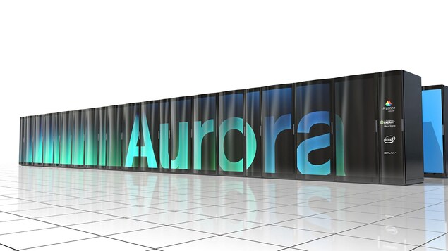 Une représentation de ce dont aura l'air le superordinateur Aurora, soit une rangée d'appareils noirs ressemblants à des réfrigérateurs.