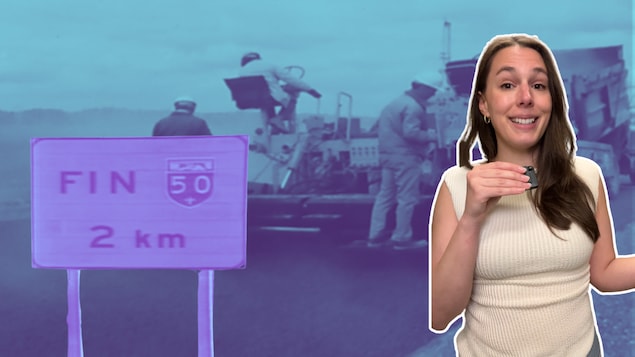 Montage d'une personne devant un chantier de construction et un panneau de l'autoroute 50.