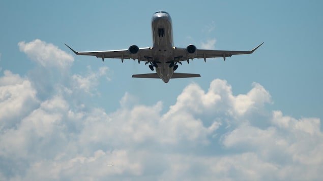 Un avion, dont on voit surtout le dessous, est vu dans le ciel, lors d'une journée ensoleillée.