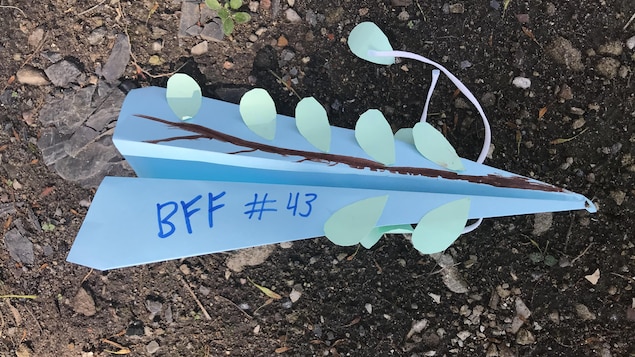 Un des avion en papier décoré et rempli de messages pour le jeune garçon.