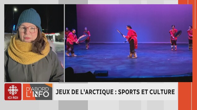 Une journaliste parle des Jeux de L'Arctque. On voit des images d'une danse culturelle autochtone.
