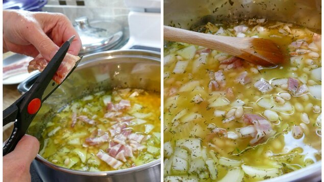 Colette hache le bacon avec des ciseaux et le mélange dans le chaudron. Colette hache le bacon avec des ciseaux et le mélange dans le chaudron.