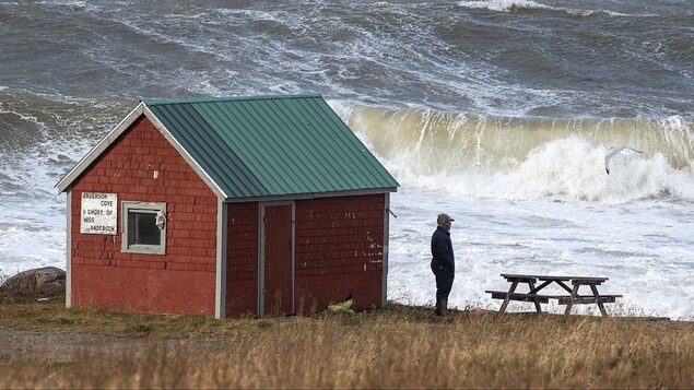 Un homme regarde la mer agitée.