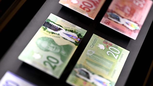 Des billets de 20 $ et de 50 $ au musée de la Banque du Canada à Ottawa.