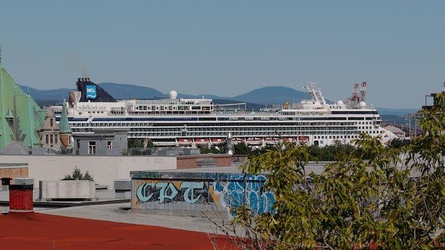 Le bateau de croisière Norwegian Gem est en arrière-plan derrière des toits de bâtiments de la basse-ville de Québec.