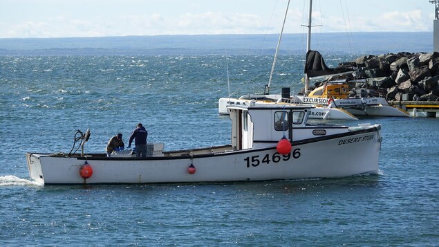 Un bateau avec deux pêcheurs à bord rentre à quai.