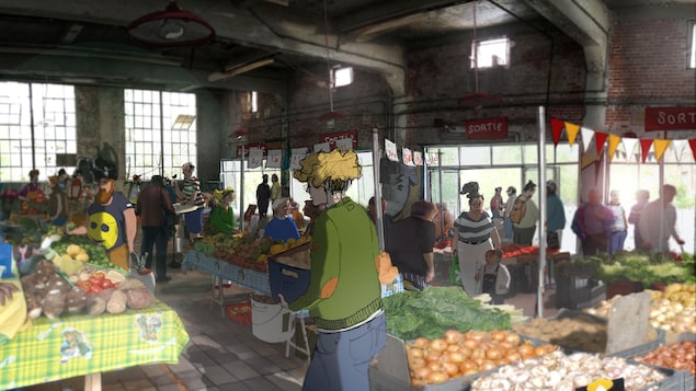 Une illustration montre des gens qui achètent des fruits et légumes Une illustration montre des gens qui achètent des fruits et légumes