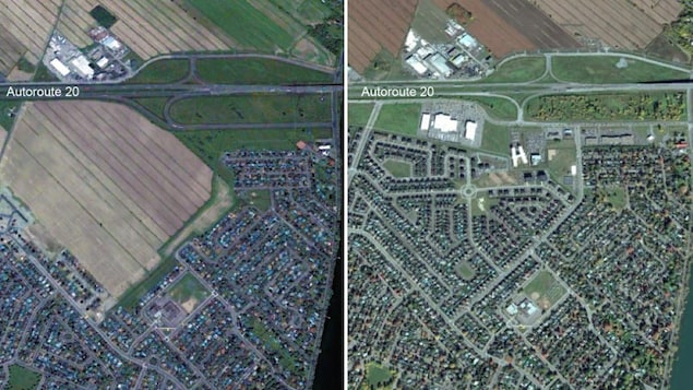 Vue satellite de la pointe nord de la ville de Beloeil en 2005 (à gauche) et en 2017 (à droite) Vue satellite de la pointe nord de la ville de Beloeil en 2005 (à gauche) et en 2017 (à droite)