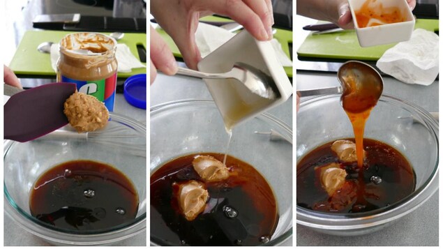 Le beurre d'arachide, le miel et la sauce épicée. Le beurre d'arachide, le miel et la sauce épicée.
