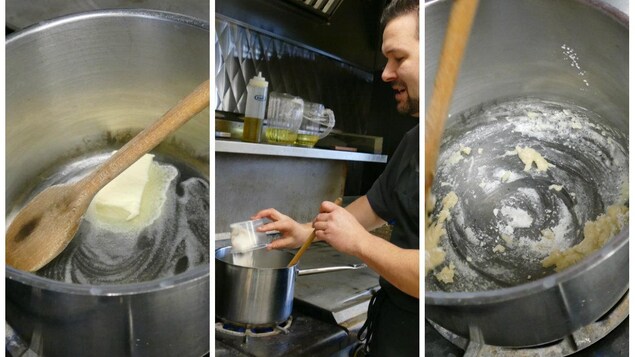 Luc incorpore le beurre et farine dans le chaudron pour sauce béchamel. Luc incorpore le beurre et farine dans le chaudron pour sauce béchamel.