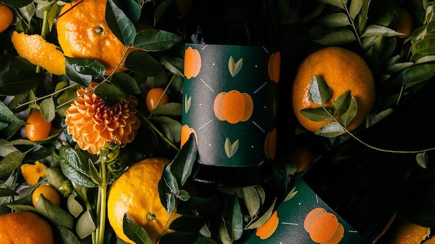 Des bouteilles de la bière Fortunello, de Four Winds, sont posées au milieu feuilles de plantes, de fleurs et de fruits. Des bouteilles de la bière Fortunello, de Four Winds, sont posées au milieu feuilles de plantes, de fleurs et de fruits.