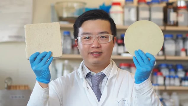 University of British Columbia postdoctoral fellow Dr. Yeling Zhu shows samples of biodegradable foam in a Nov. 5 handout photo. (THE CANADIAN PRESS/HO-UBC, Lou Bosshart)