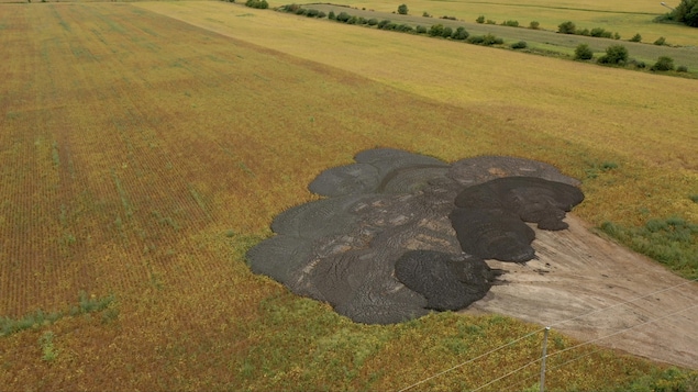 Vue aérienne d'un amas de biosolides stockés dans un champ