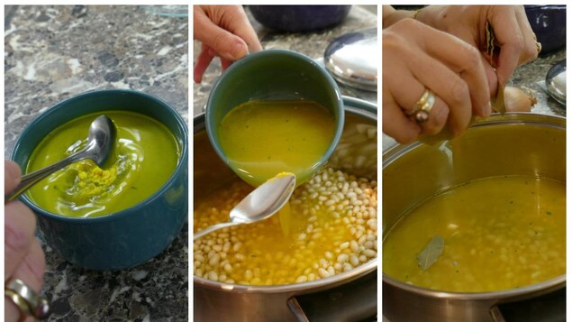 Colette mélange la poudre de bouillon de poulet dans de l'eau et l'ajoute aux haricots avec des feuilles de laurier. Colette mélange la poudre de bouillon de poulet dans de l'eau et l'ajoute aux haricots avec des feuilles de laurier.
