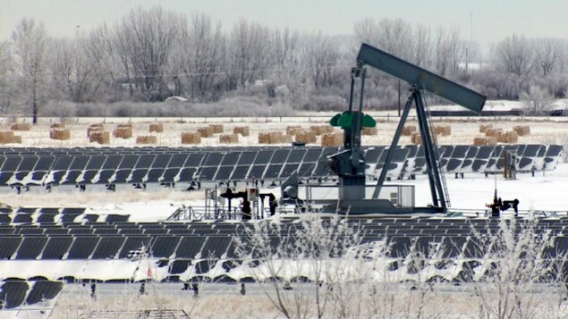 A solar field and oil pumpjack are seen adjacent to the Trans-Canada Highway in southern Alberta in this 2017 photo. (Kyle Bakx/CBC)