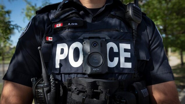 La poitrine d'un policier, avec tout son équipement.