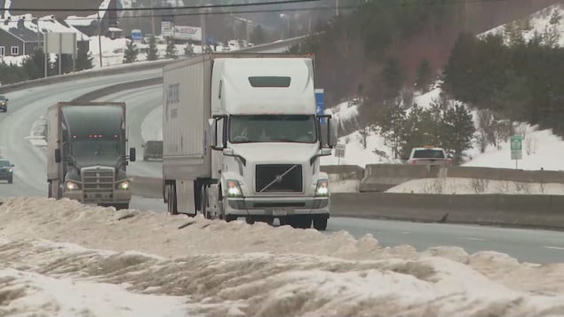 Deux camions-remorques sur une autoroute.