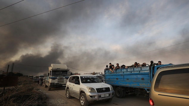 Un convoi de camions et de camionnettes remplis de gens sous un ciel enfumé.
