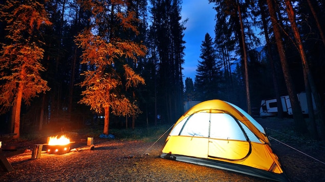Une tente de camping dans la forêt près d'un feu.