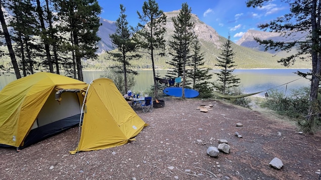Un emplacement de camping avec une tente et un hamac.
