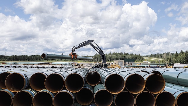 La conduite du pipeline Trans Mountain est déchargée à Edson, en Alberta le mardi 18 juin 2019.