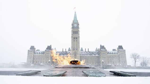 Wide shot of the Centennial Flame with the Parliament building behind