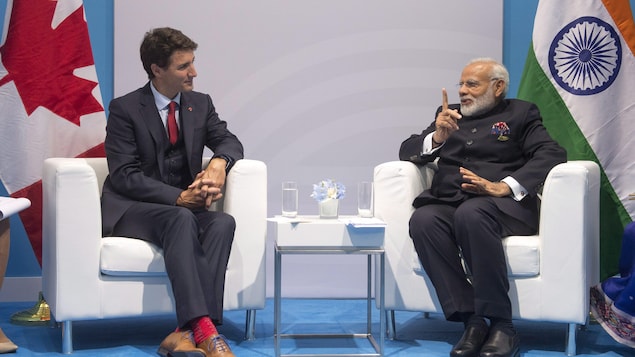 Justin Trudeau discute avec le premier ministre indien Narendra Modi lors de leur rencontre bilatérale au sommet du G20 à Hambourg, en Allemagne, en juillet dernier. Justin Trudeau discute avec le premier ministre indien Narendra Modi lors de leur rencontre bilatérale au sommet du G20 à Hambourg, en Allemagne, en juillet dernier.